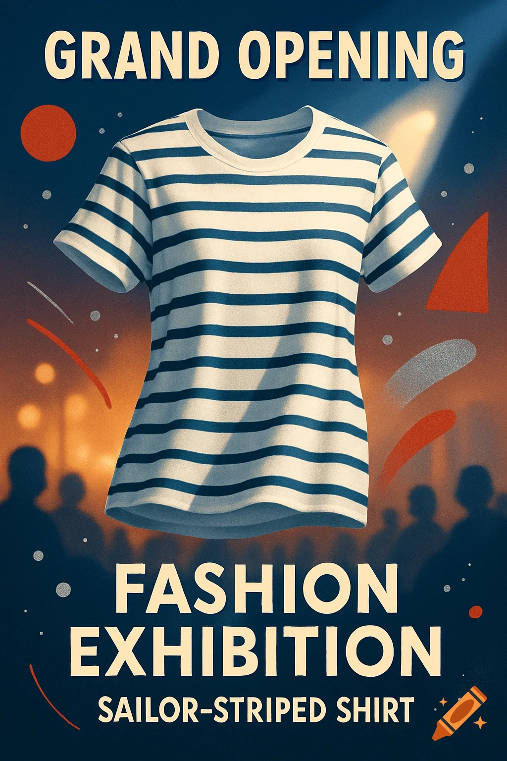 A stylized poster for a fashion exhibition, featuring a white and blue striped shirt, with text about a grand opening.