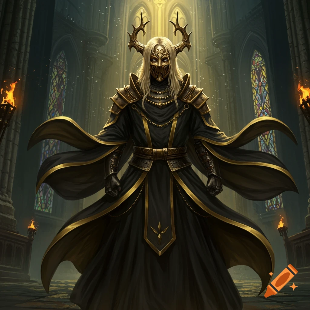 Regal blonde monk in black and gold horned armor and mask stands in a grand, torchlit Gothic church with stained glass.