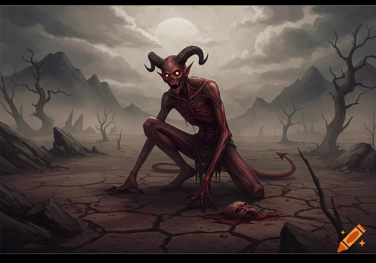 A gaunt, red-skinned demon with glowing eyes and horns crouches in a desolate, cracked desert, with a bloody skull on the ground. The background features dead trees, mountains, and a large moon under a cloudy sky.