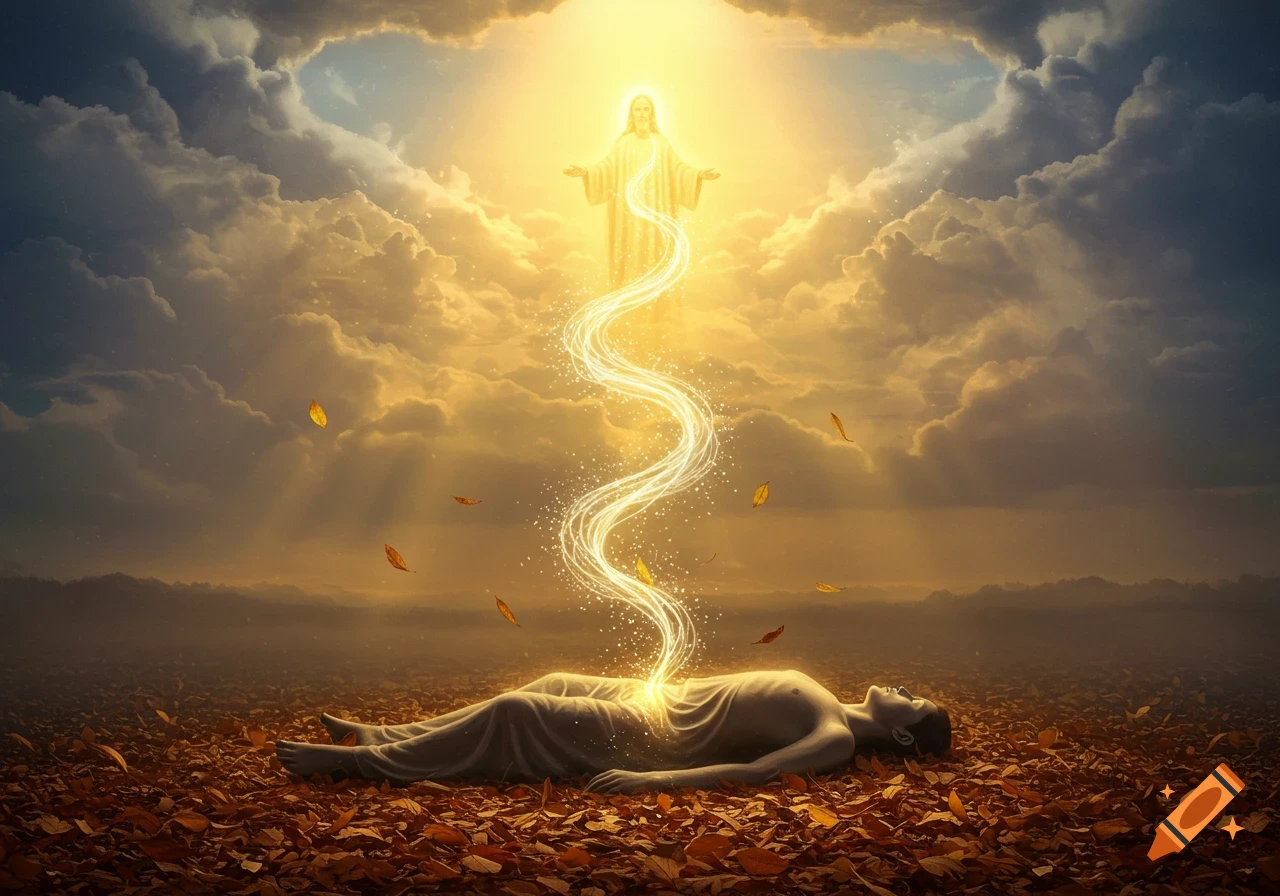 A glowing figure in the sky connects with a recumbent figure on a bed of autumn leaves via a swirling beam of light under a dramatic sky.