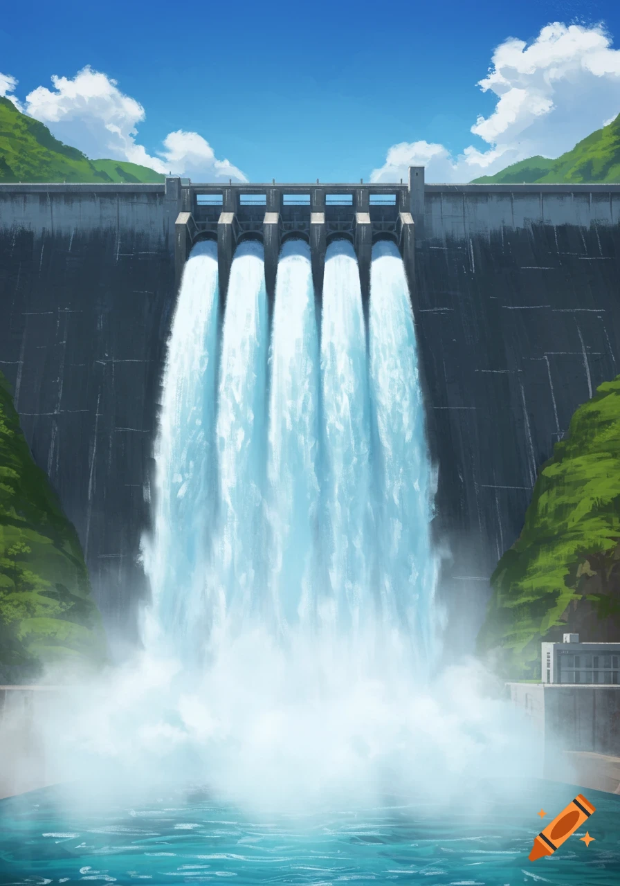 A large concrete dam with water cascading over its wall into a pool below, flanked by green hills under a blue sky. Illustrated style.