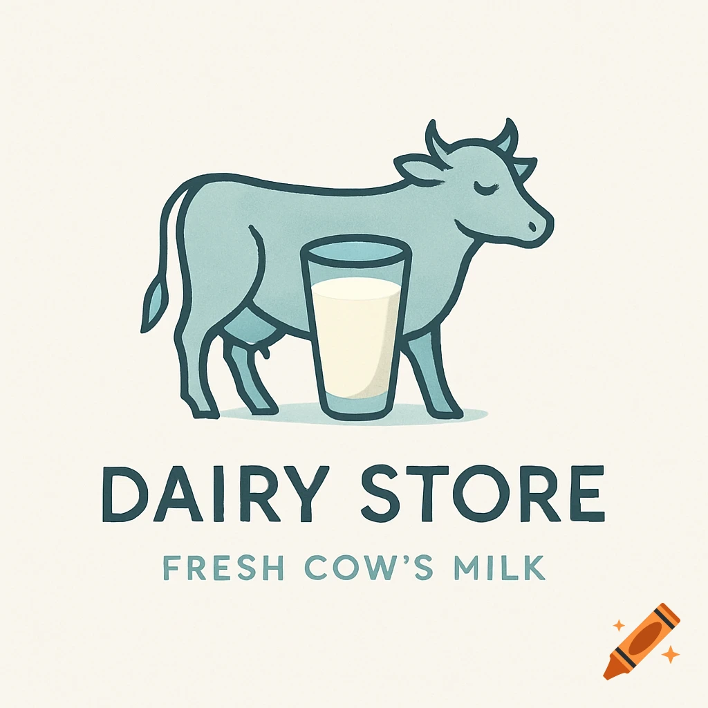 A minimalist logo of a blue cow next to a glass of milk, with text 'DAIRY STORE FRESH COW'S MILK'.