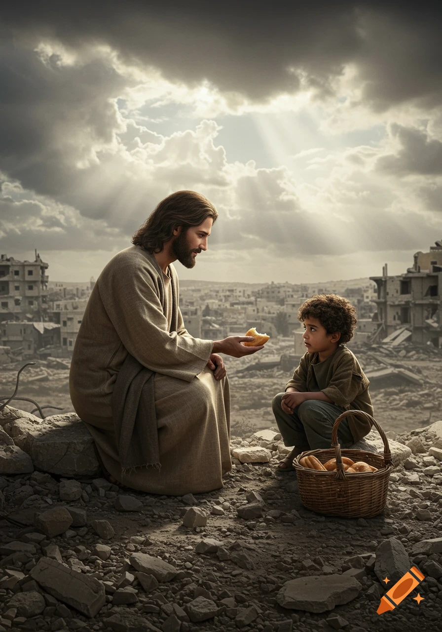 Photorealistic image of Jesus offering bread to a boy in a war-torn city with rubble and destroyed buildings under a cloudy, sunlit sky.