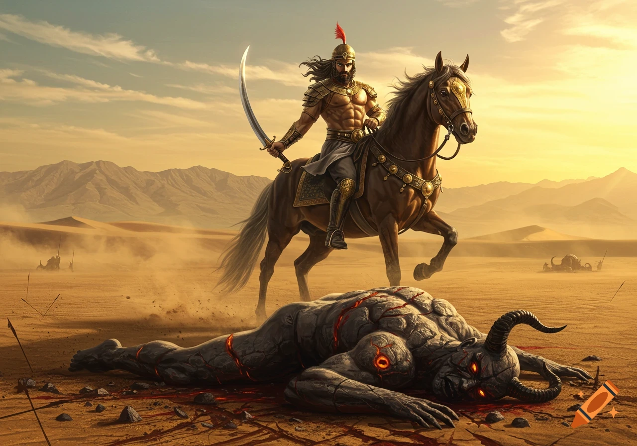 A powerful Persian warrior on horseback triumphs over a defeated stone demon in a sunlit desert, surrounded by mountains. Epic fantasy style.