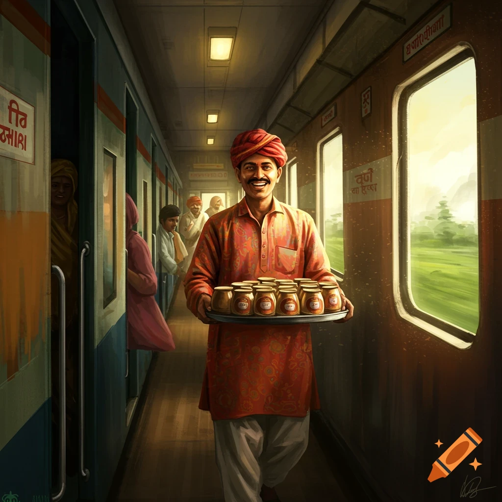 A smiling Indian man in traditional attire carries a tray of small cans down the aisle of a moving train, with passengers visible in the background.