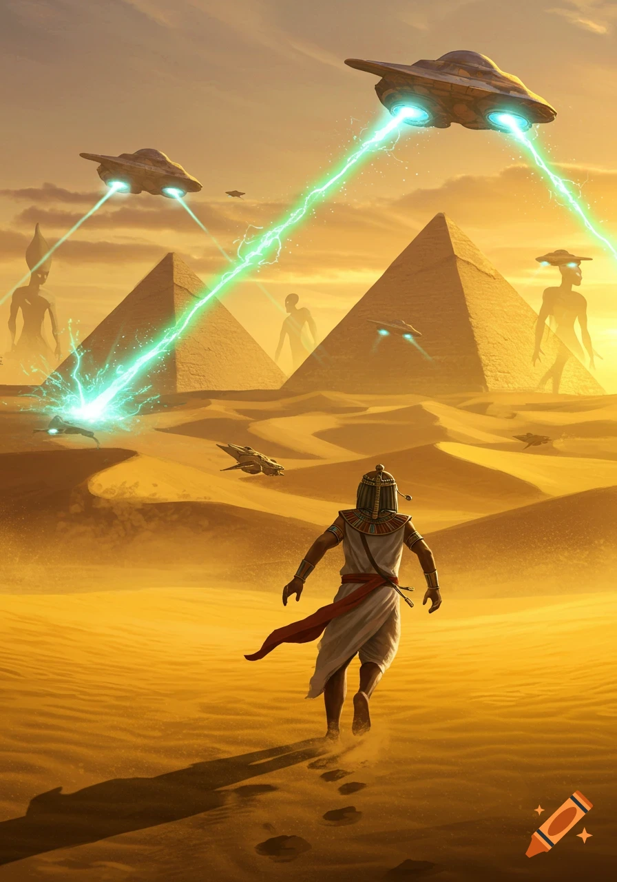 An Egyptian man runs across a desert landscape towards pyramids as UFOs hover above, firing green lasers and shadowy alien figures emerge in the background.