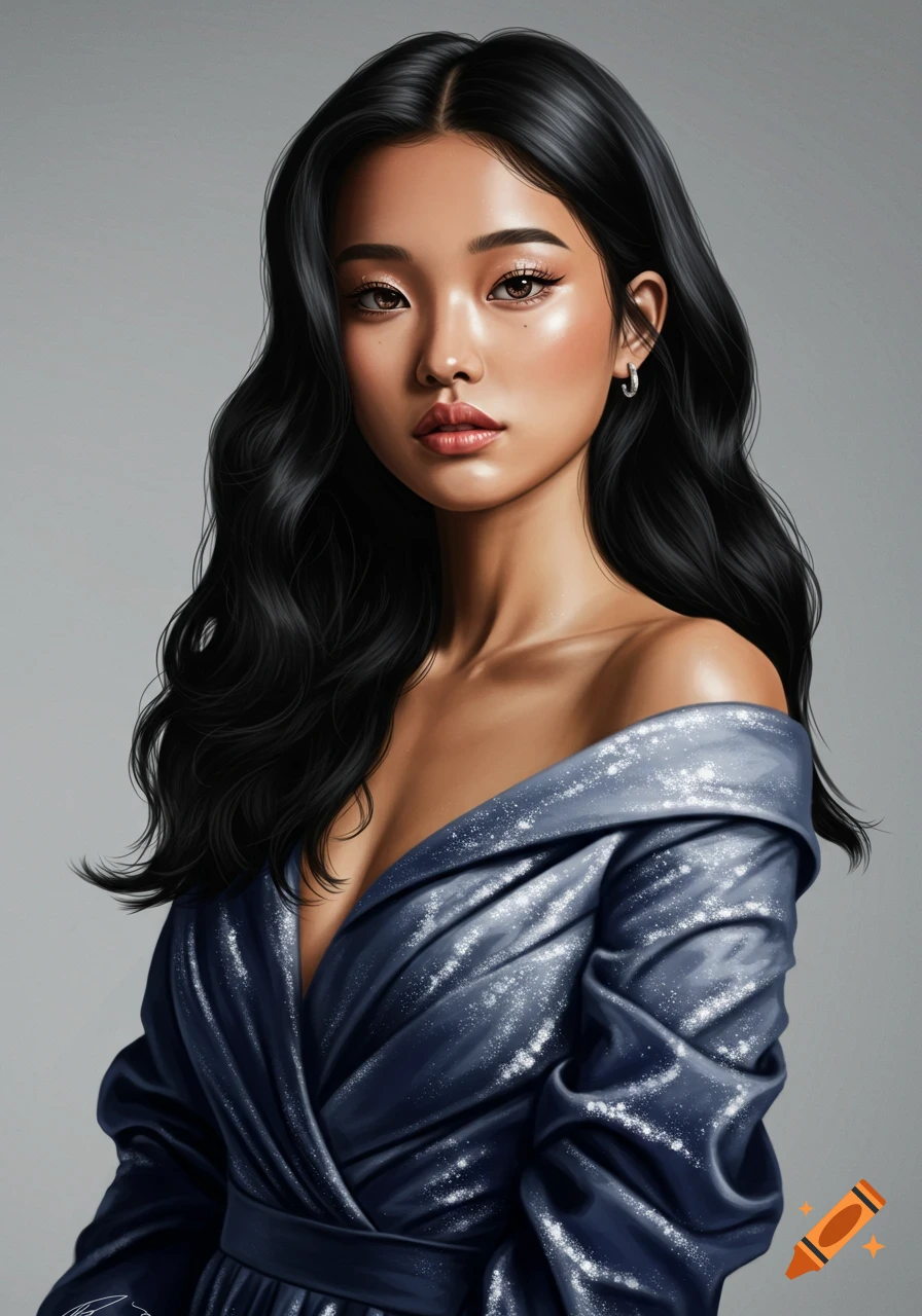 Digital painting of a young woman with long dark hair, wearing a sparkly off-the-shoulder blue dress.