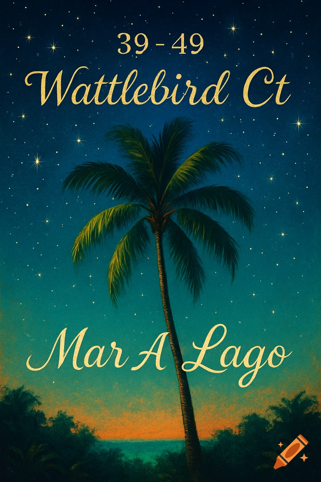 A vibrant illustration of a palm tree against a starry night sky with tropical hues. Text reads '39 - 49 Wattlebird Ct' and 'Mar A Lago'.
