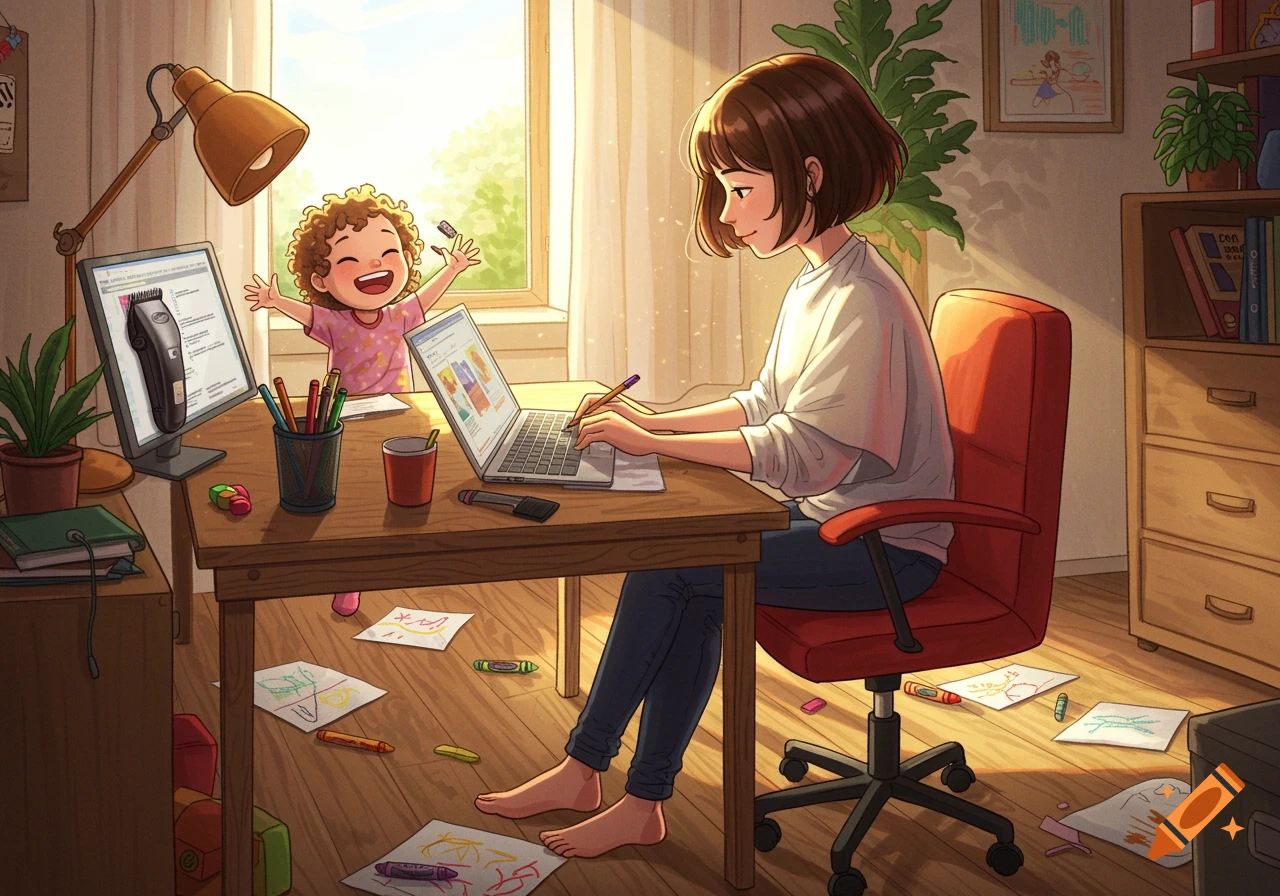 A woman works on a laptop at a desk, smiling, while a happy toddler plays behind her. Crayons and drawings are on the floor. Anime style.