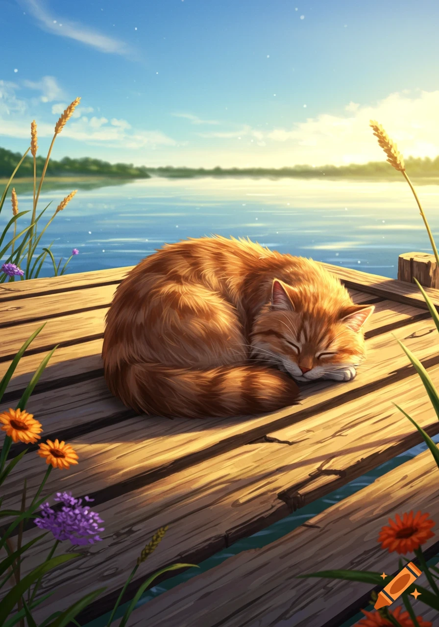A fluffy orange cat is curled up, sleeping peacefully on a wooden dock next to a calm lake under a bright blue sky.