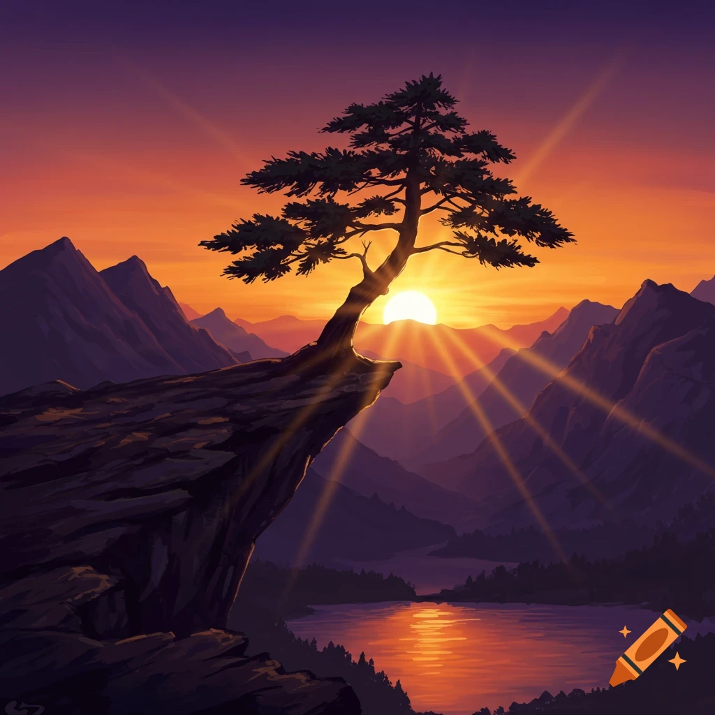 A vibrant illustration of a tree on a cliff overlooking a lake and mountains at sunset with sun rays.