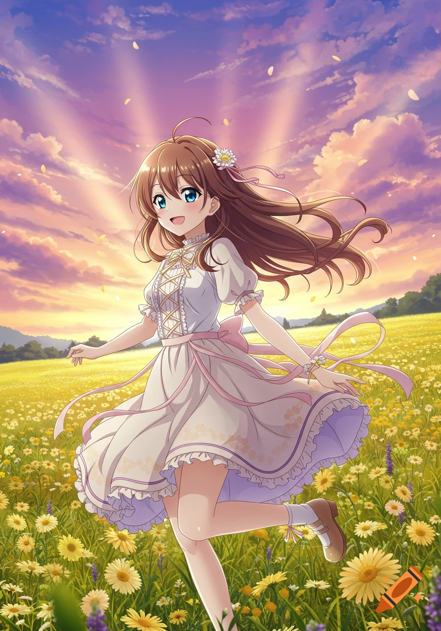 An anime girl with brown hair and blue eyes smiles while running through a vibrant yellow flower field under a purple and orange sunset sky.