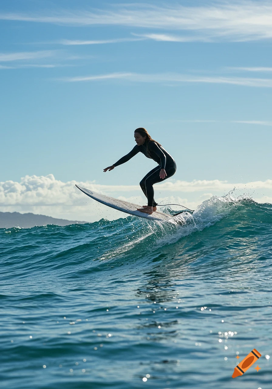 Photorealistic image of a woman in a wetsuit surfing a wave in the ocean.