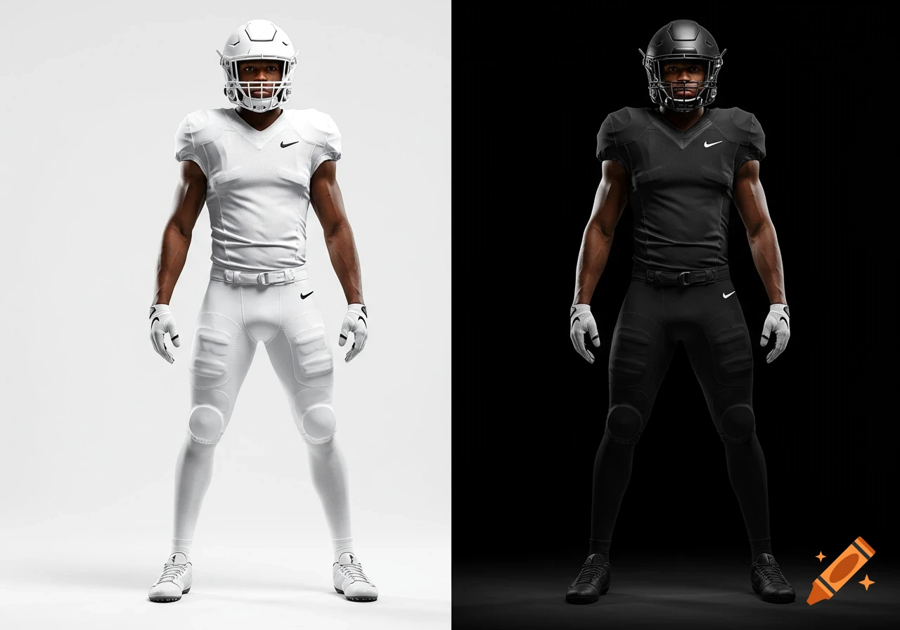 Two football players in white and black uniforms, standing against matching white and black backgrounds.