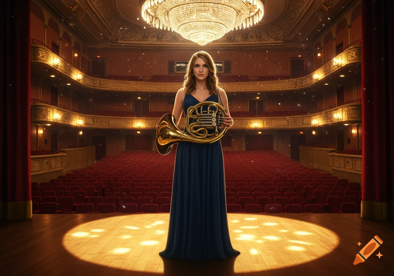 A young woman in a blue dress stands on a concert hall stage, holding a French horn, under a spotlight and chandelier.