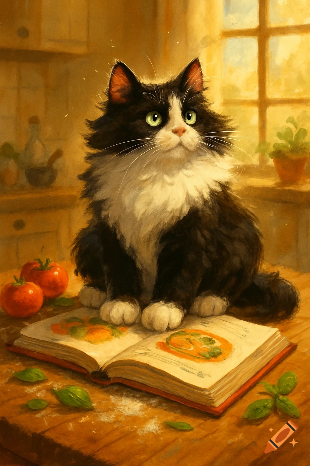 A fluffy black and white cat sits on an open cookbook with illustrations of food, next to tomatoes and basil on a wooden kitchen counter.