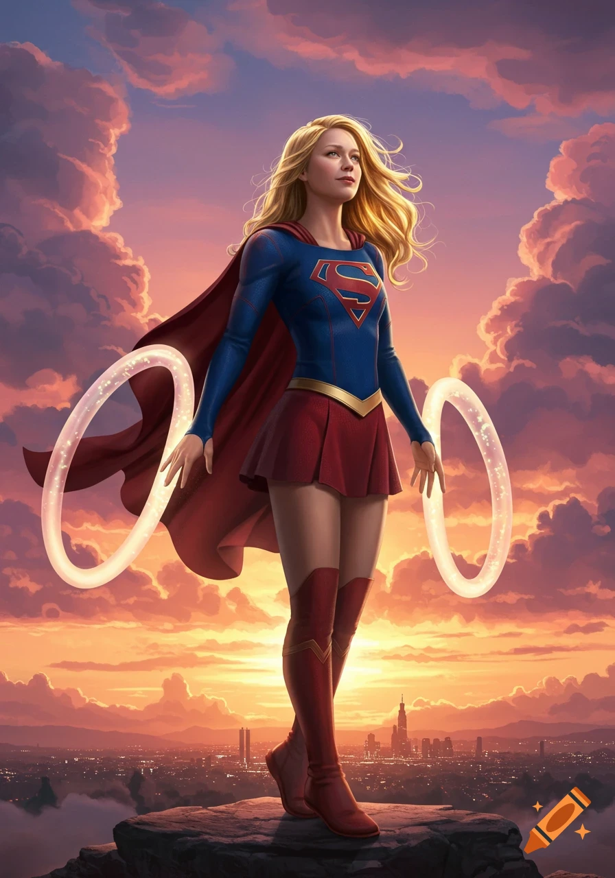 A blonde Supergirl in her costume stands on a rock overlooking a city at sunset, with two glowing rings floating.