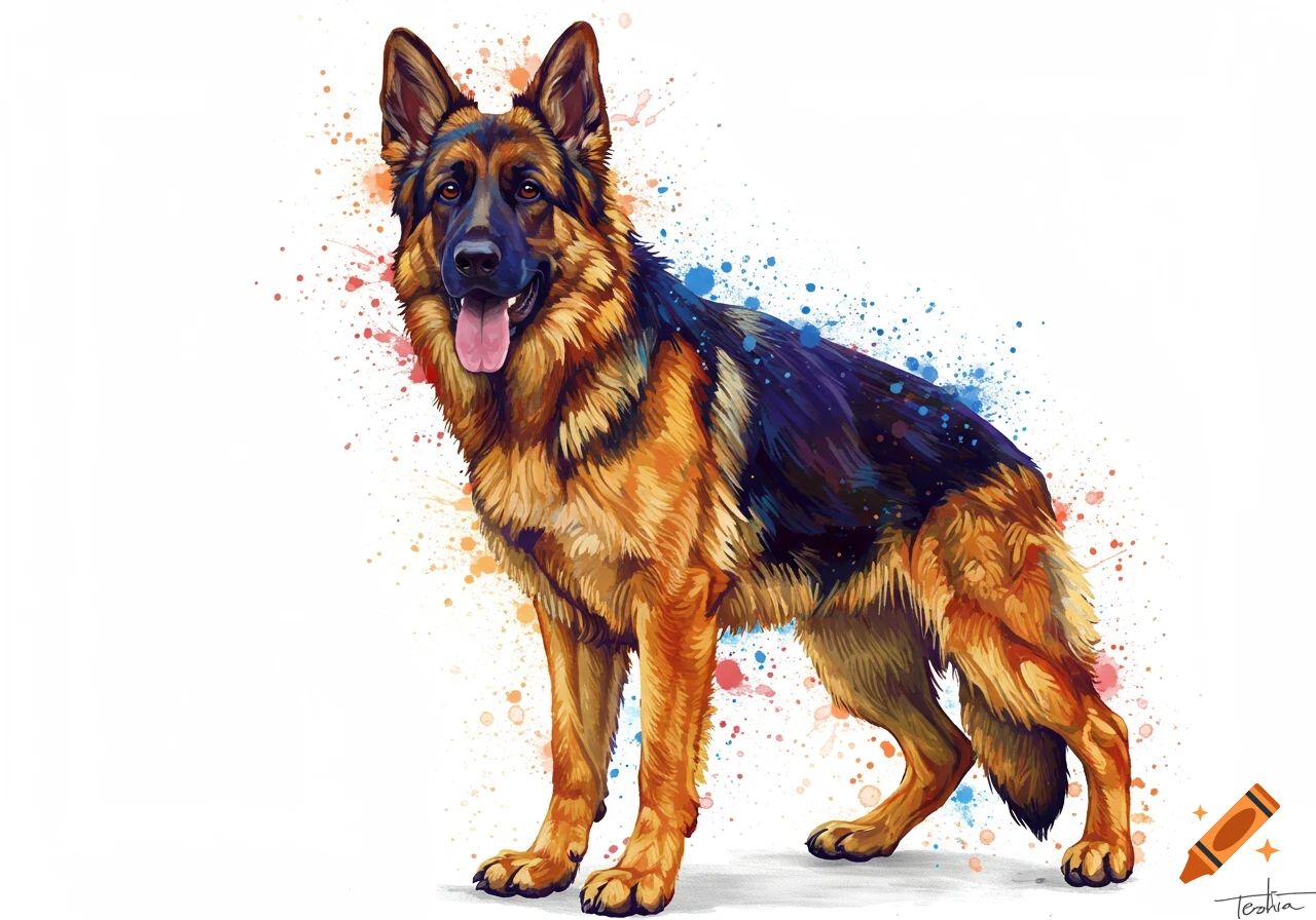 A German Shepherd dog standing, depicted in a vibrant watercolor art style with colorful paint splatters on a white background.