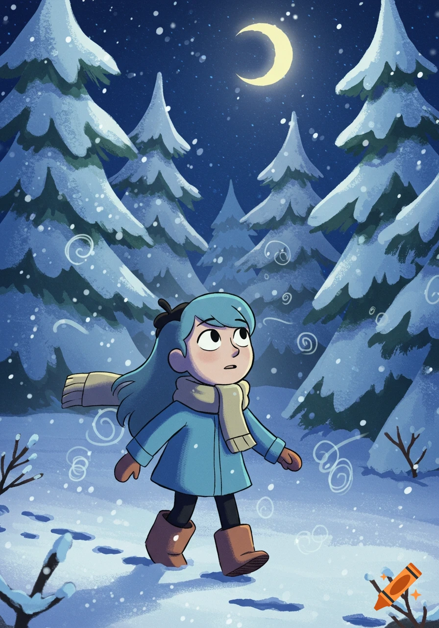 Hilda walks through a snowy forest under a crescent moon at night, cartoon style.