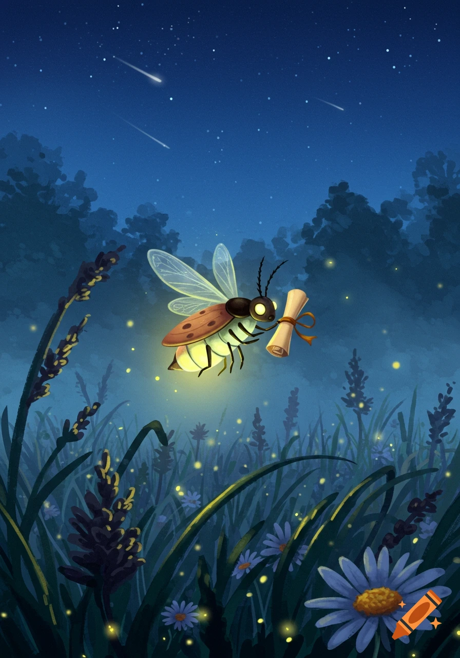 A stylized firefly with glowing abdomen carries a scroll while flying over a dark field with flowers and twinkling lights under a starry night sky.