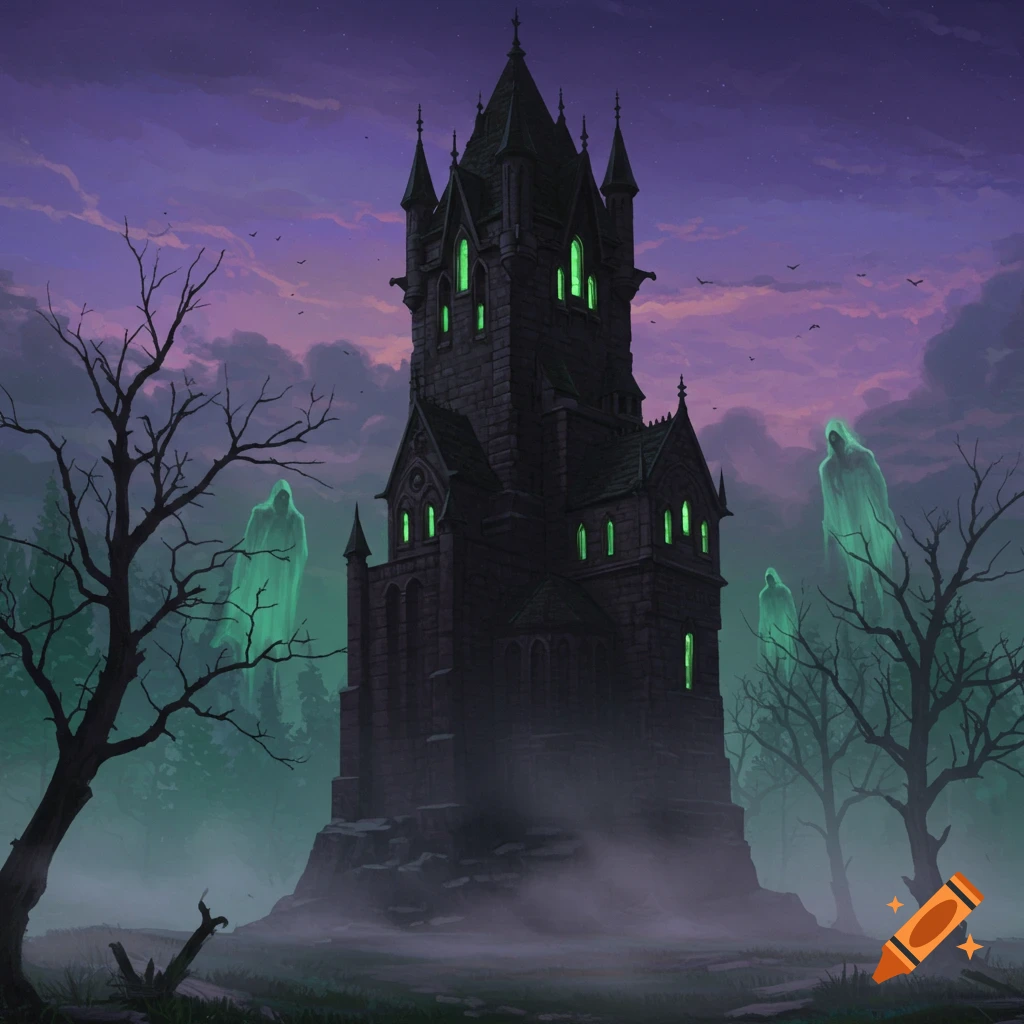 Berry’s forest, Ghost’s castle 森 A dark gothic tower with glowing green windows, three green