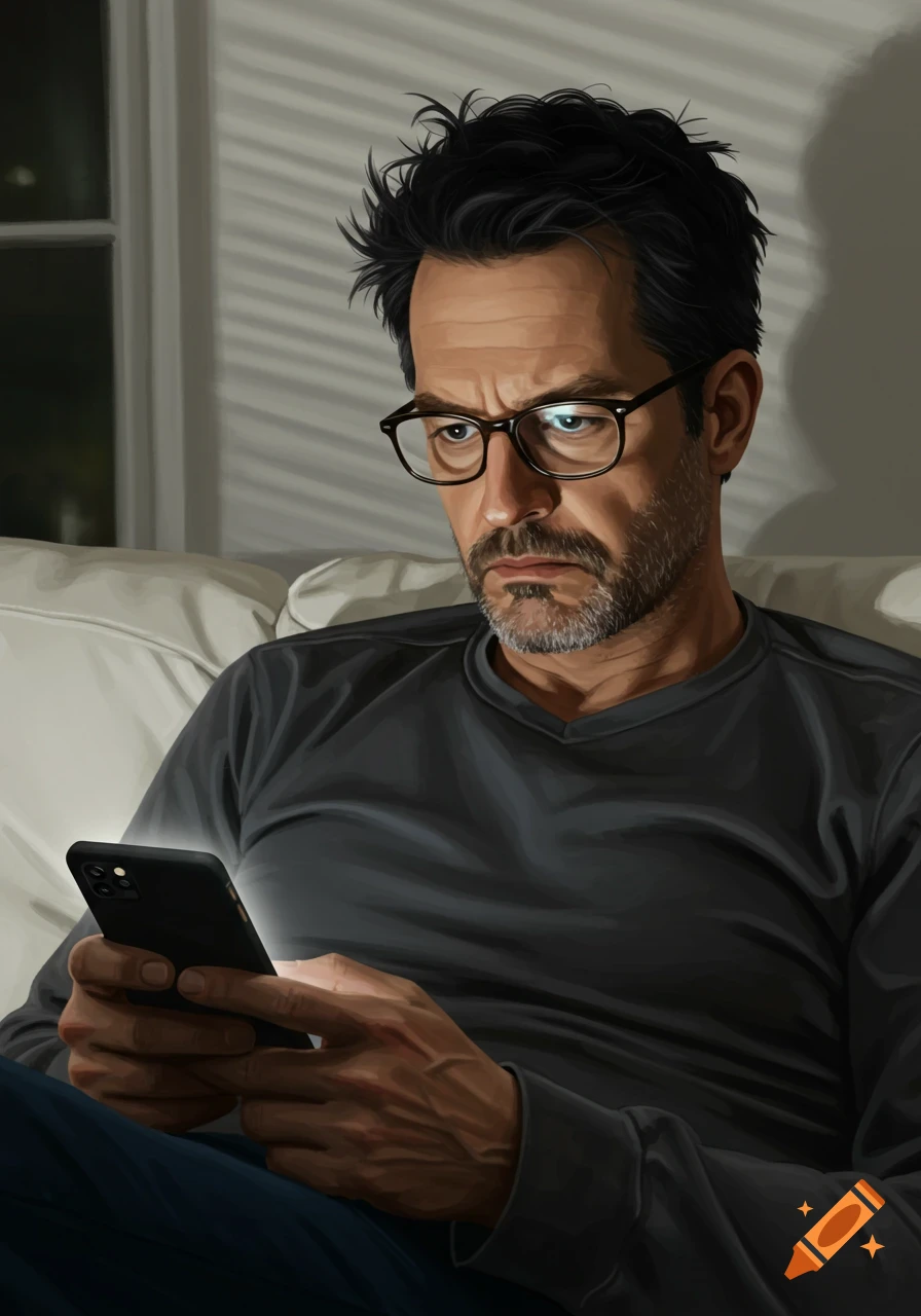 A man with black hair, a beard, and glasses frowns while looking at his phone on a white couch, in a digital art style.