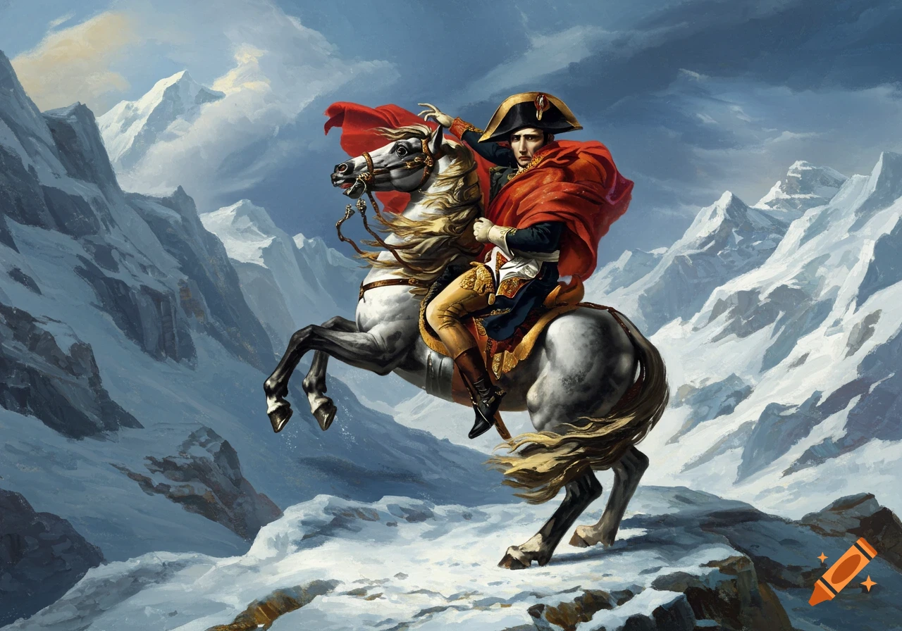 Napoleon Bonaparte on a rearing white horse in a snowy mountain pass, in a classical oil painting style.