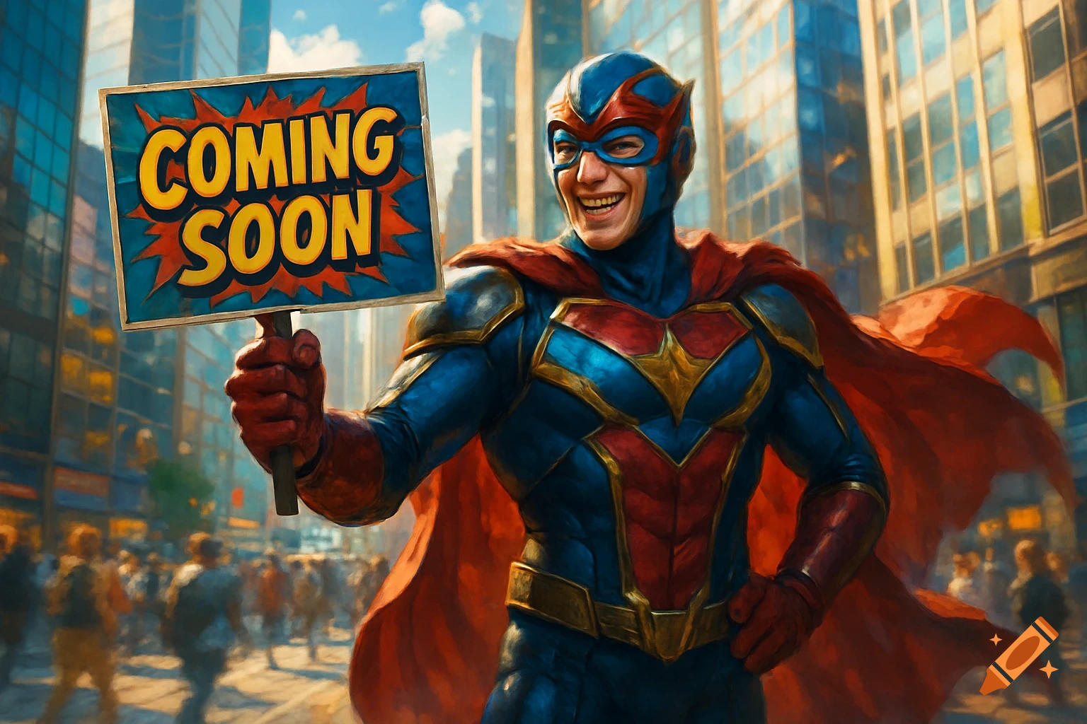 A smiling superhero in a blue and red suit with a red cape holds a 'COMING SOON' sign in a bustling city street.