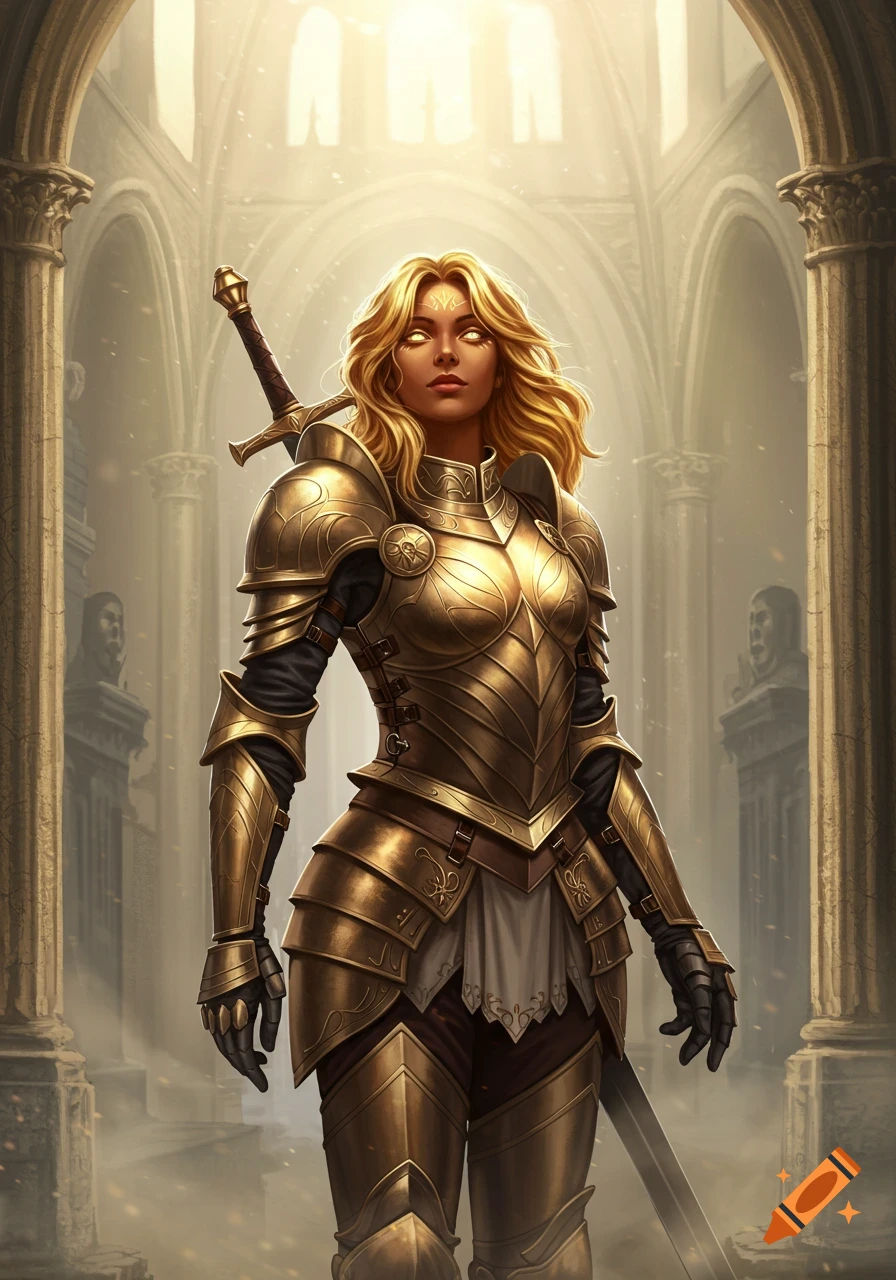 A blonde female warrior in golden plate armor stands in a grand, sunlit cathedral, a sword on her back.