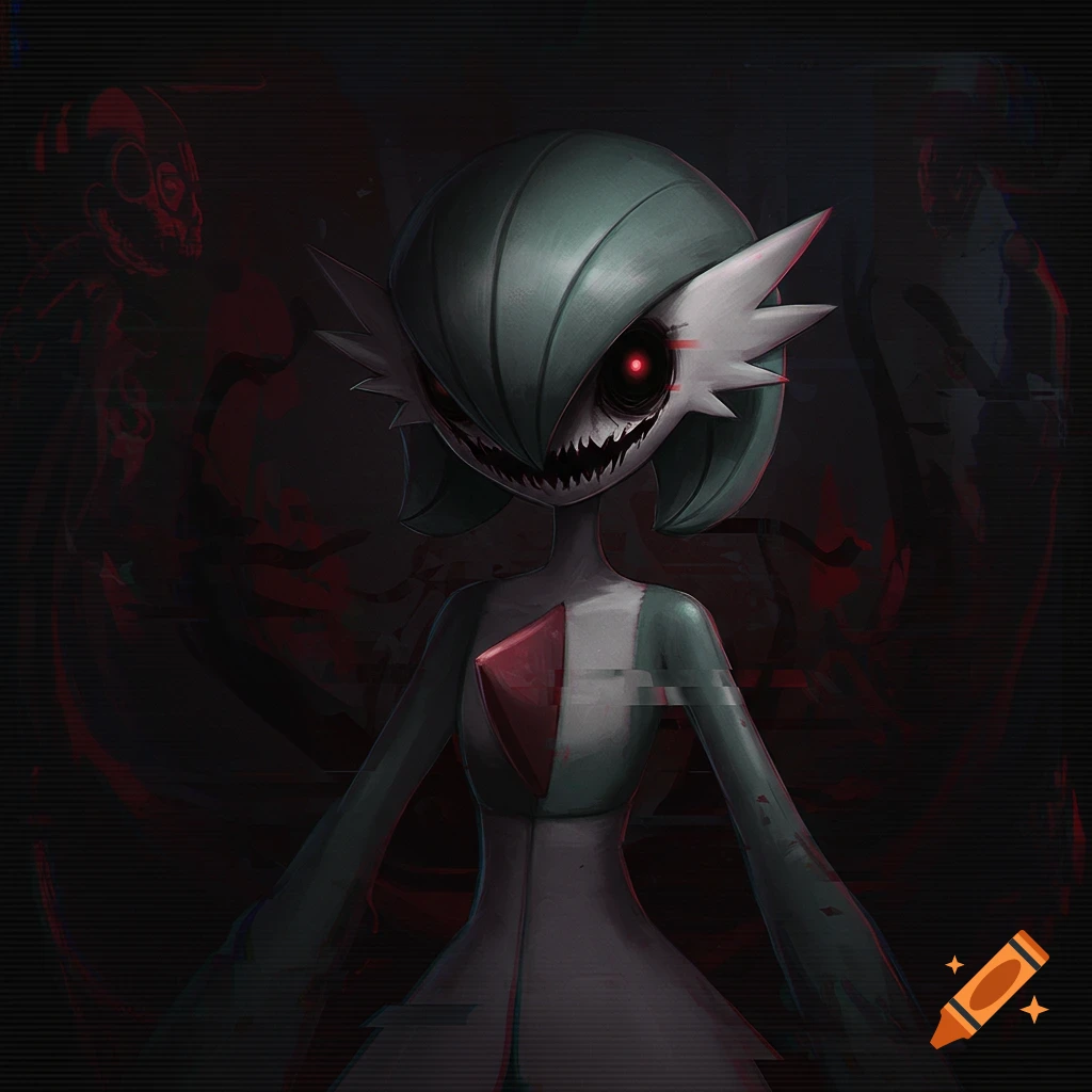 A distorted, creepy Gardevoir with glowing red eyes and sharp teeth, set against a dark, glitchy analog horror background.