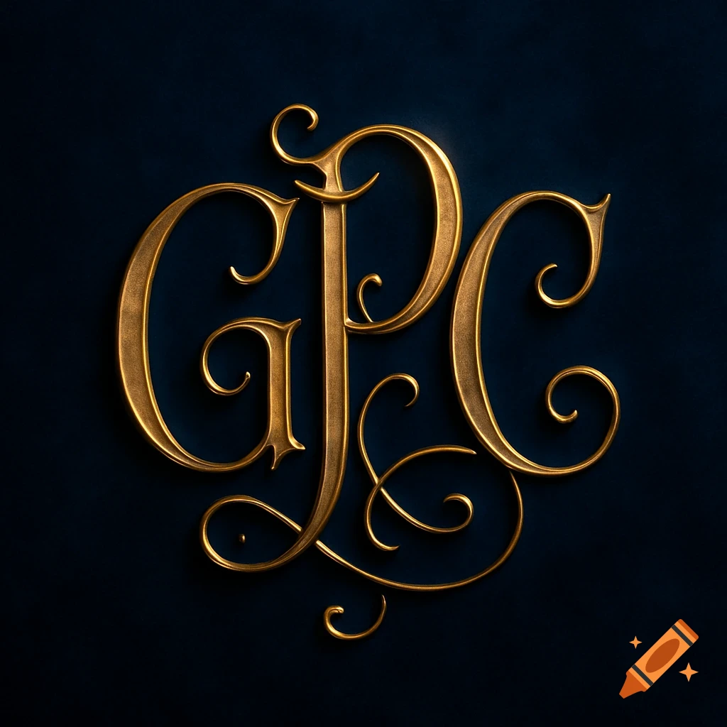 Golden, ornate monogram of the letters G, P, and C on a dark blue background.