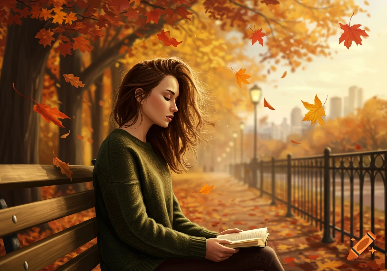 Young woman with long brown hair reading a book on a park bench surrounded by falling autumn leaves.