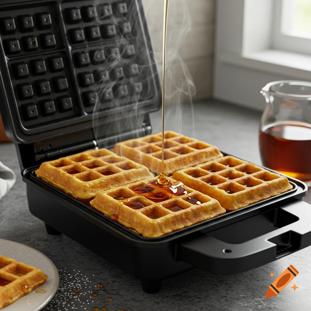 Golden waffles being cooked in a black waffle maker with steam rising, as syrup is poured over them. A pitcher of syrup is in the background.