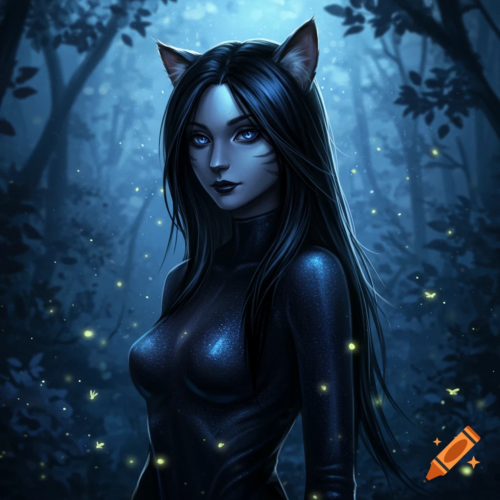 A black-haired cat girl with blue eyes in a dark, glowing forest, digital fantasy art.