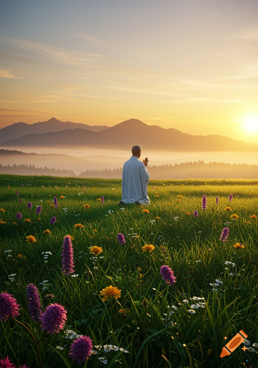 A person kneels in a vibrant green field full of wildflowers, facing a golden sunrise over misty mountains. Photorealistic style.