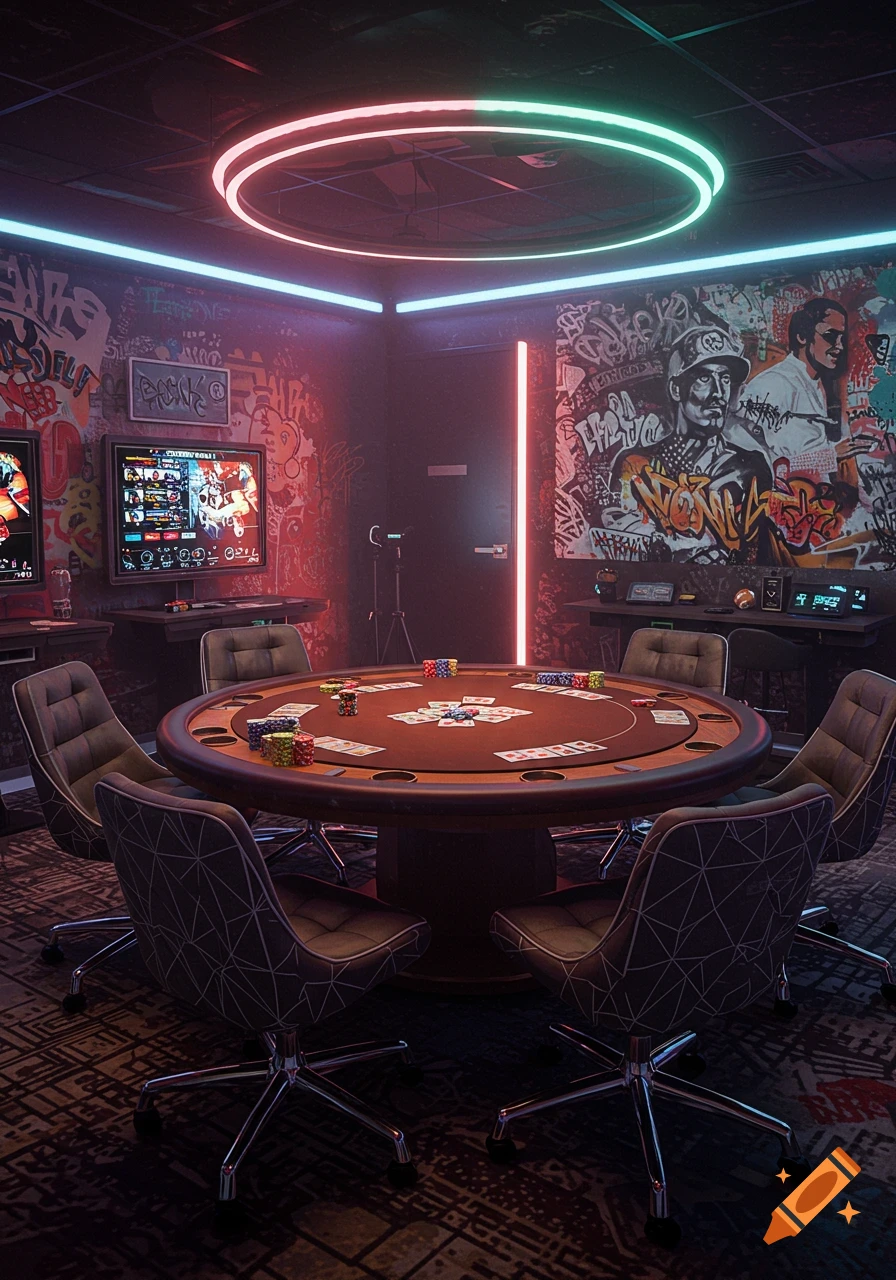 An empty, futuristic poker room with neon lighting, graffiti-covered walls, and multiple screens displaying game interfaces, featuring a central poker table with chips and cards.