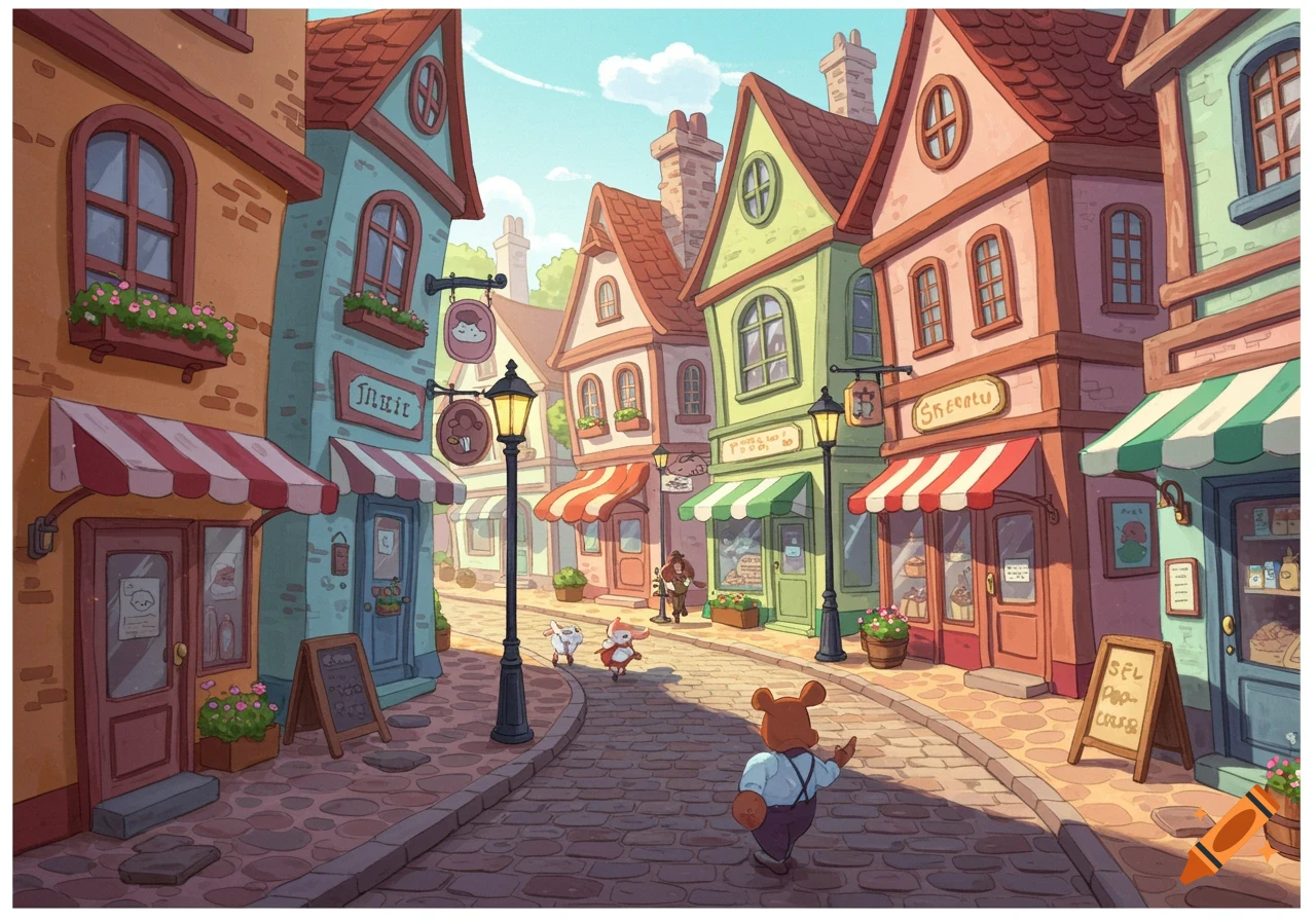 Cartoon town street view with colorful shops, cobblestone street, and anthropomorphic animals walking towards the viewer.