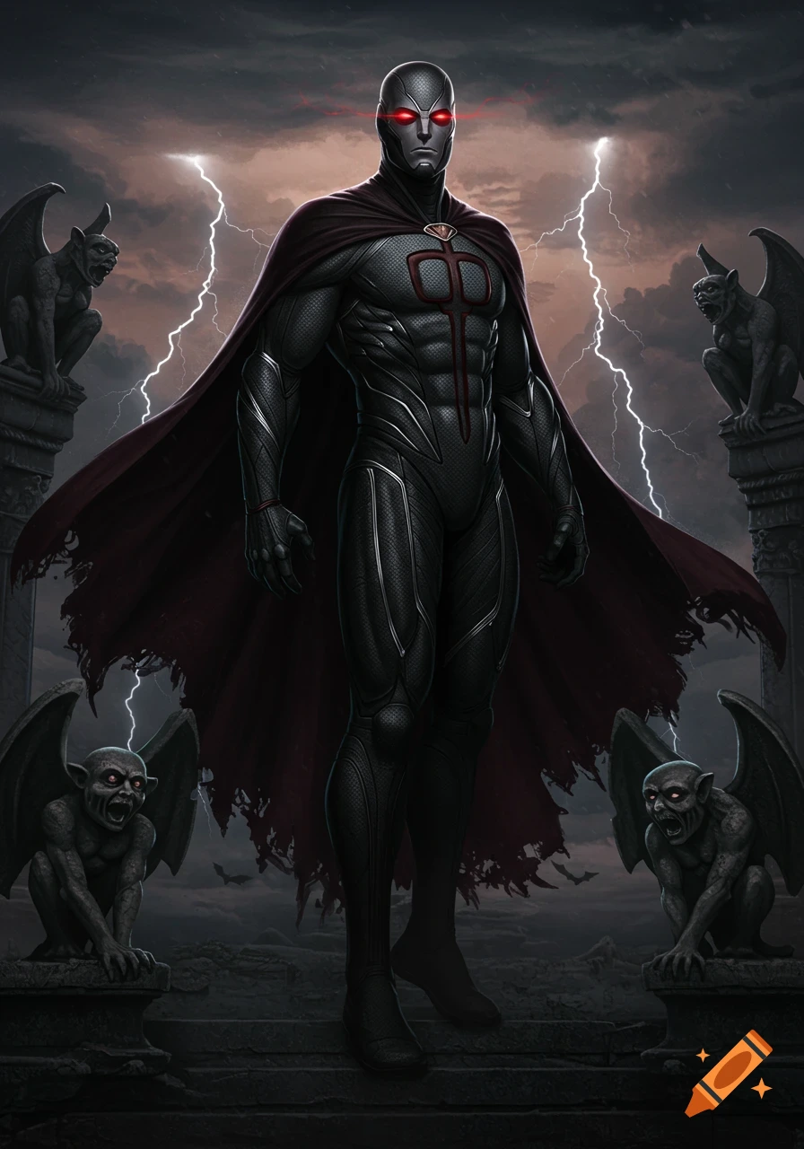 A superhero with red glowing eyes, a black suit, and a tattered cape stands between two gargoyles as lightning strikes in a dark, stormy sky.