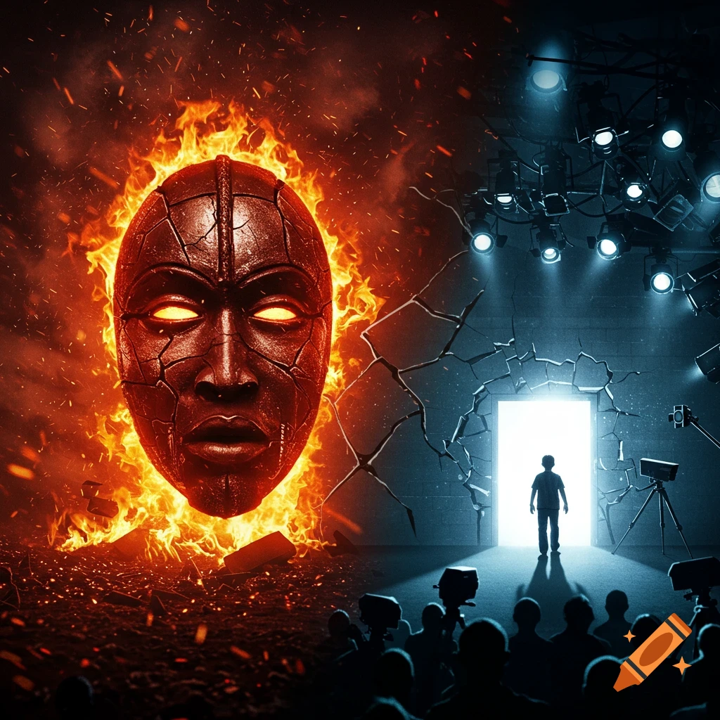 A split-scene image with a flaming cracked mask on the left and a figure walking into a bright doorway on a stage on the right.