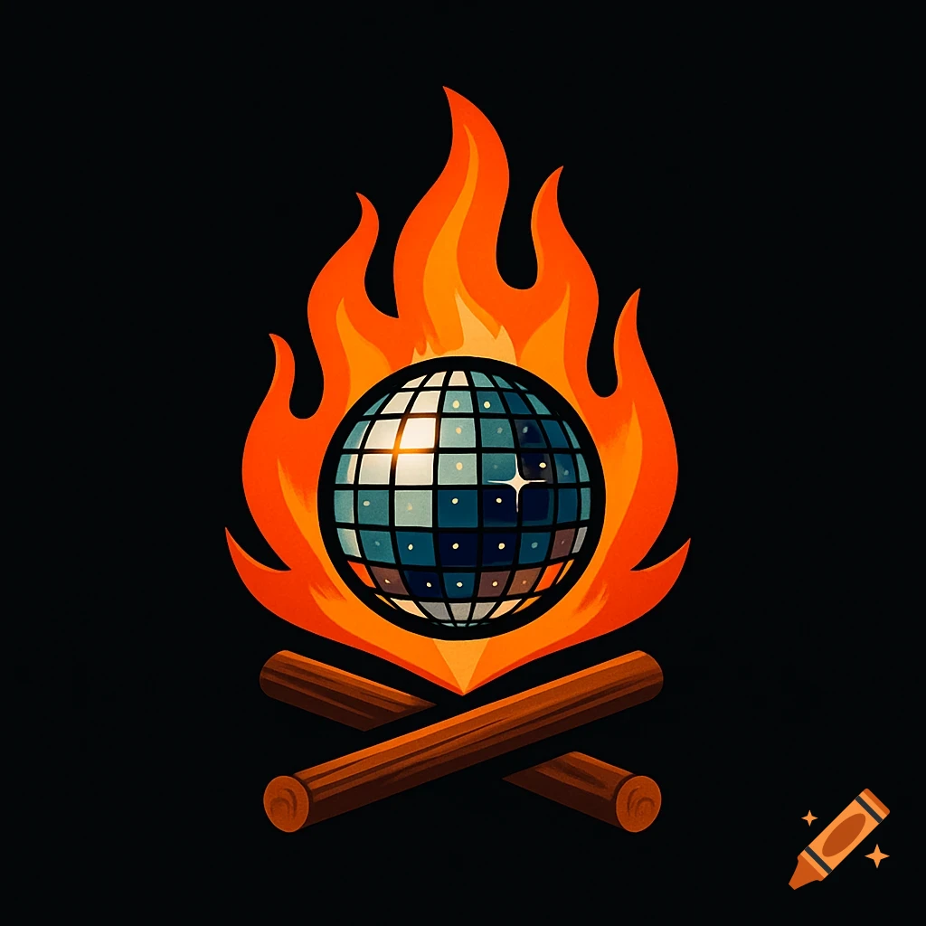 A stylized logo featuring an orange and red campfire with a silver disco ball at its center, against a black background.