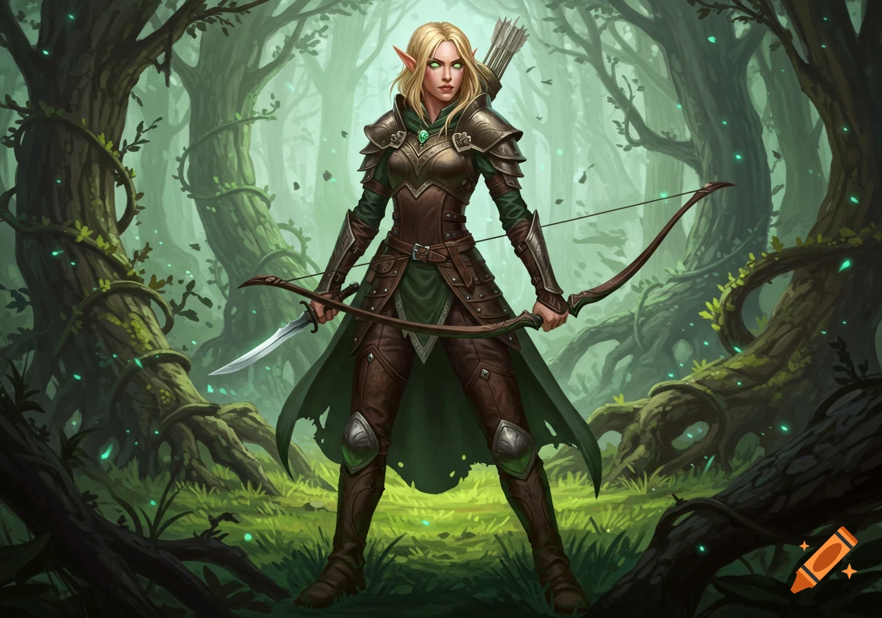 A blonde female elven archer in studded leather armor stands ready with a bow and dagger in a magical forest.
