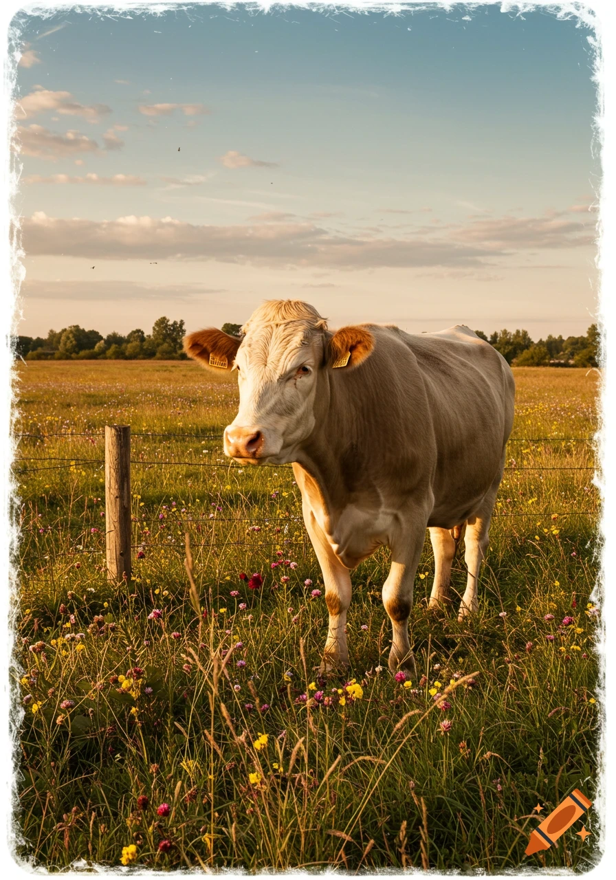 A tan cow with ear tags stands in a sunlit field of tall green grass and colorful wildflowers, with a fence post and trees in the background under a blue sky.