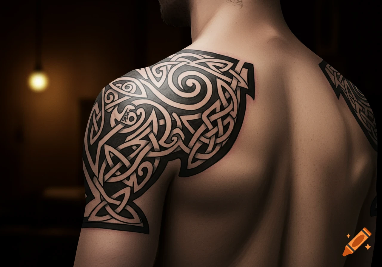A detailed Celtic knot tattoo covers the back and shoulder of a person, set against a dark, blurred background.