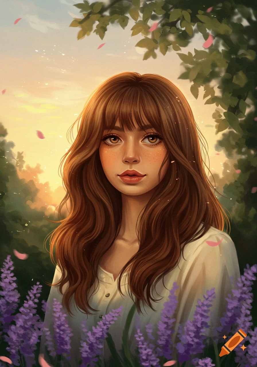 Digital painting of a young woman with long brown hair and bangs, standing in a field of lavender flowers at sunset.