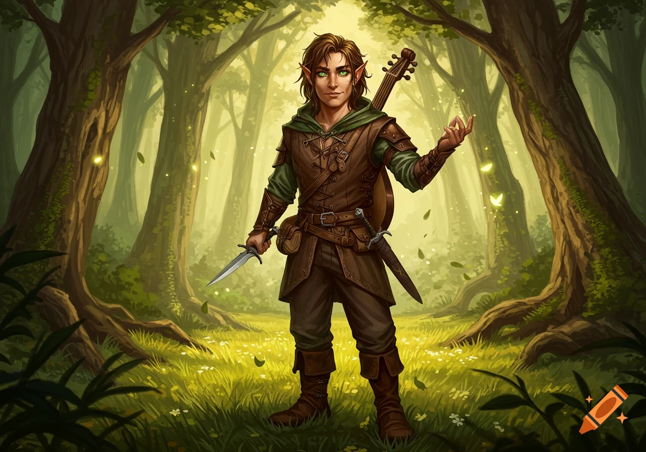 A handsome male elf with long brown hair and green eyes, wearing brown leather armor, holds a dagger and carries a lute in a lush forest.