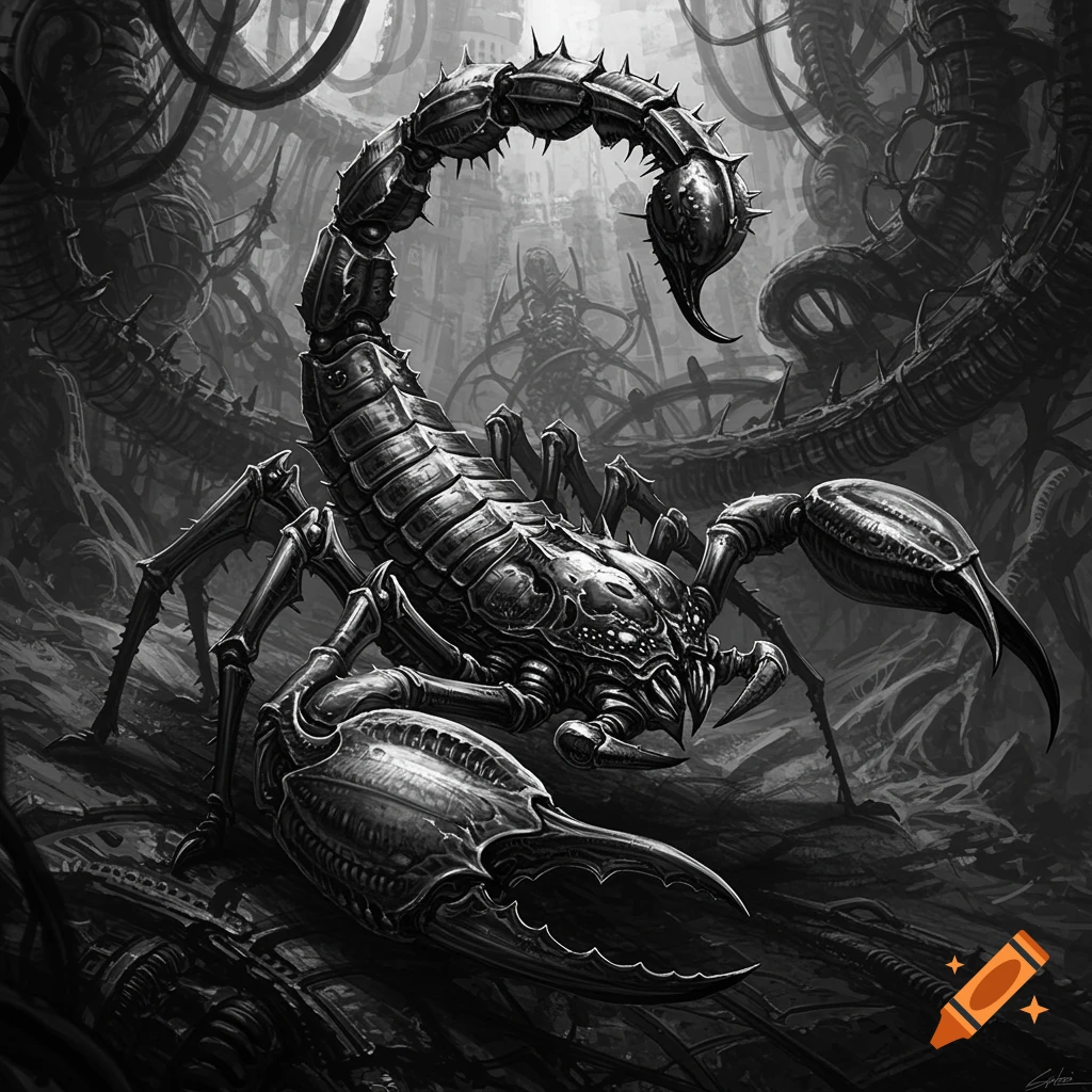 A highly detailed, black and white biomechanical scorpion in the style of HR Giger, set against a dark, industrial, organic background.
