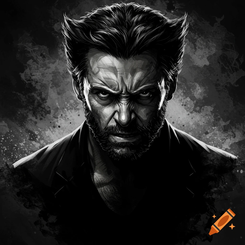 A gritty, black-and-white portrait of Wolverine with an intense, scowling expression in a Sin City comic art style.