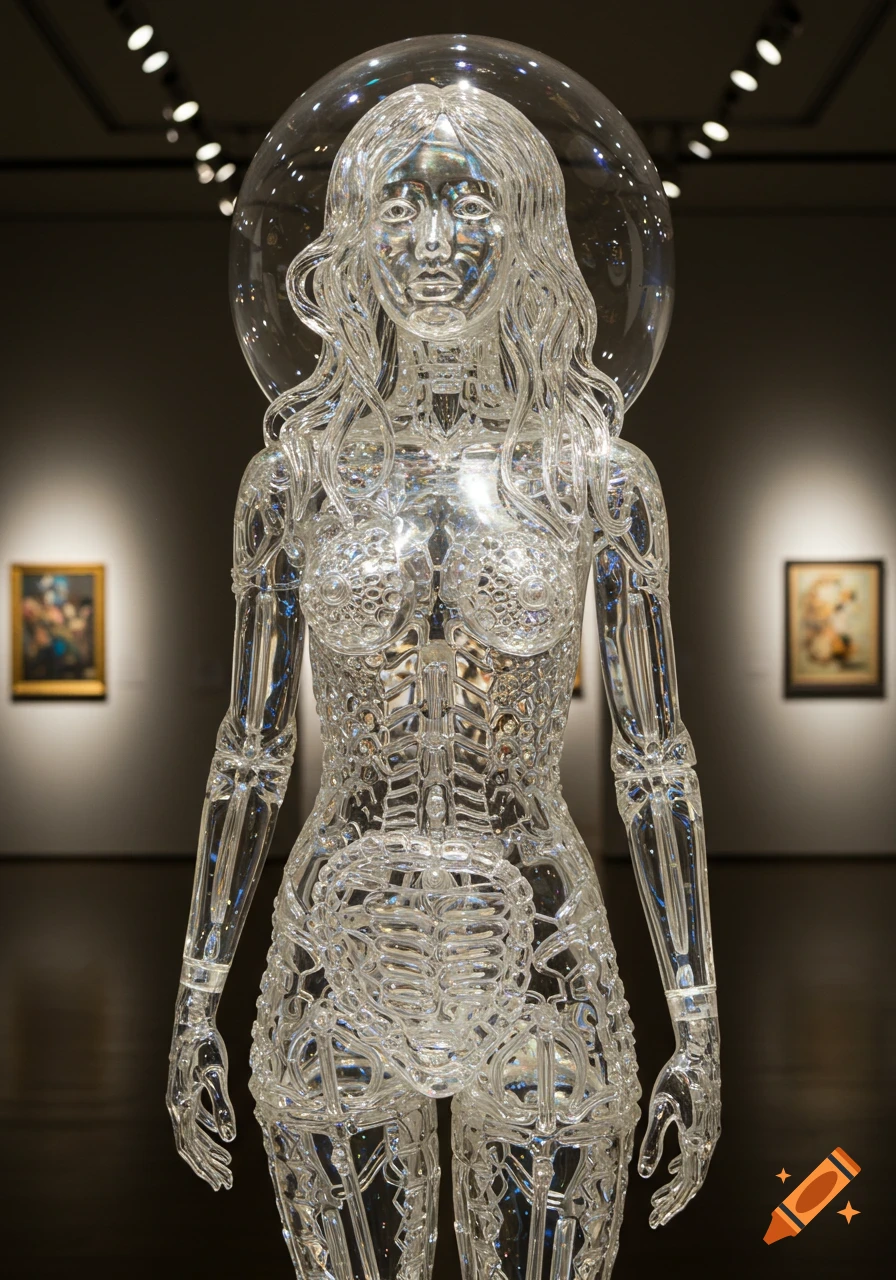 A clear glass crystal sculpture of a female figure with long wavy hair, standing in a museum setting.