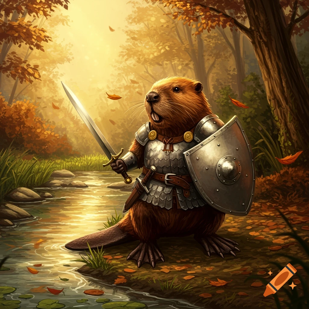 A beaver knight wearing shining armor holds a sword and shield by a stream in a sunlit autumn forest, in an illustration style.