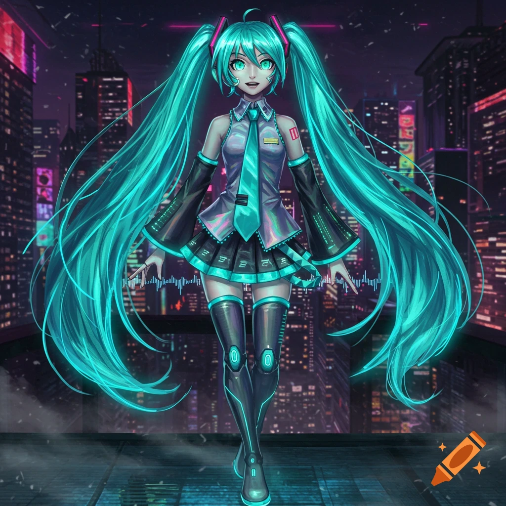 A full-body illustration of Hatsune Miku in a cybernetic outfit, with long teal twin-tails glowing, standing in front of a dark cityscape at night with neon lights.